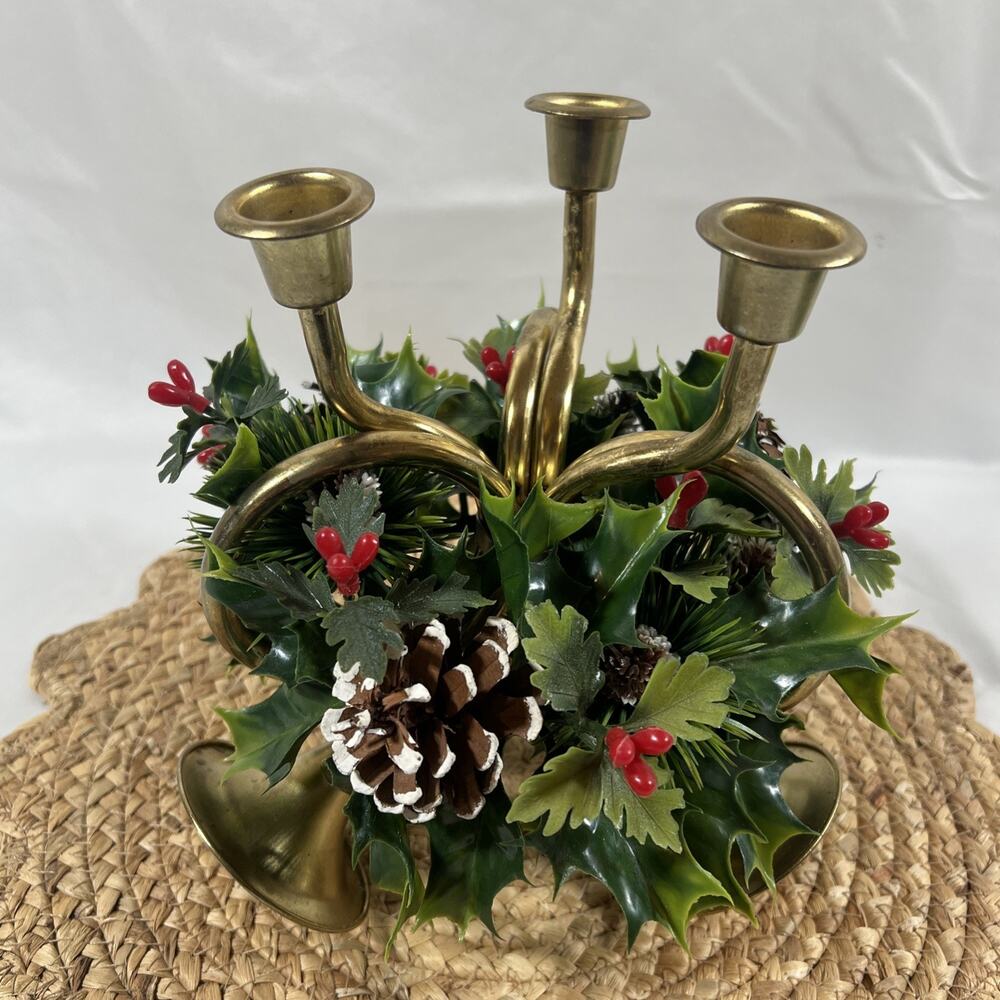 Vintage Brass Horn Trio w/ Candle Ring Holly Christmas for Taper Candlesticks